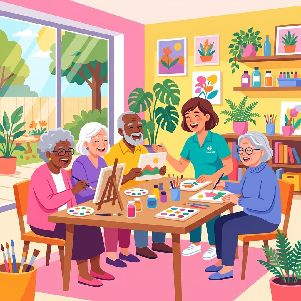 Lively group setting with elderly individuals engaging in activities