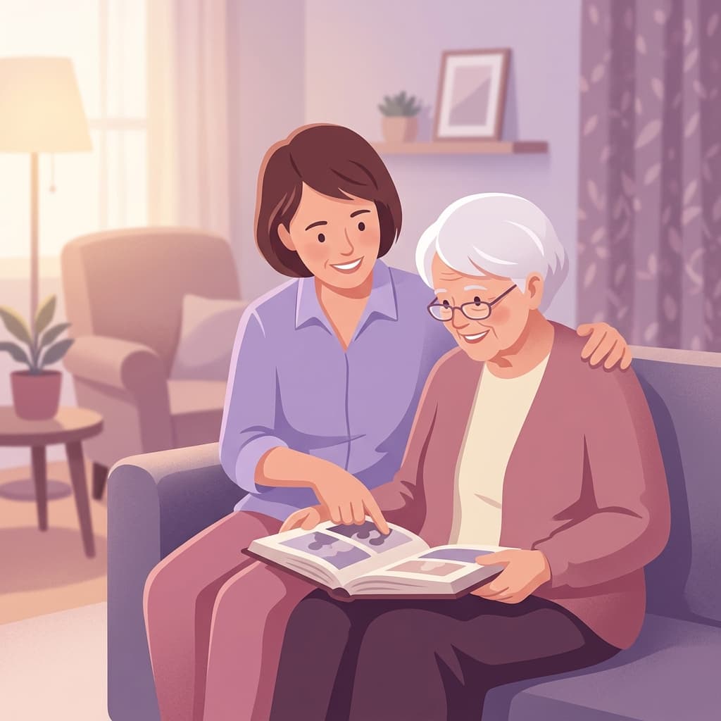 Caregiver providing gentle attention to an elderly person in a soothing environment