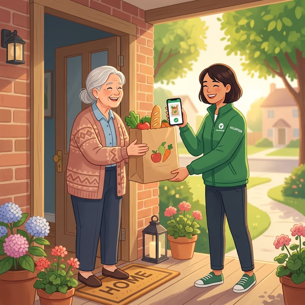 Elderly woman receiving groceries from a carer at her doorstep