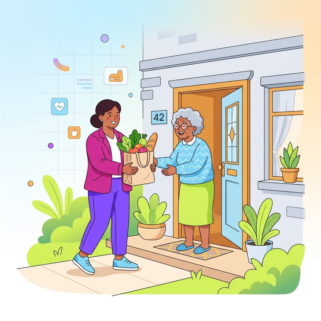 A friendly caregiver delivering groceries to a happy elderly person